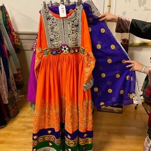 Vibrant Orange and Purple Embroidered Afghan Dress